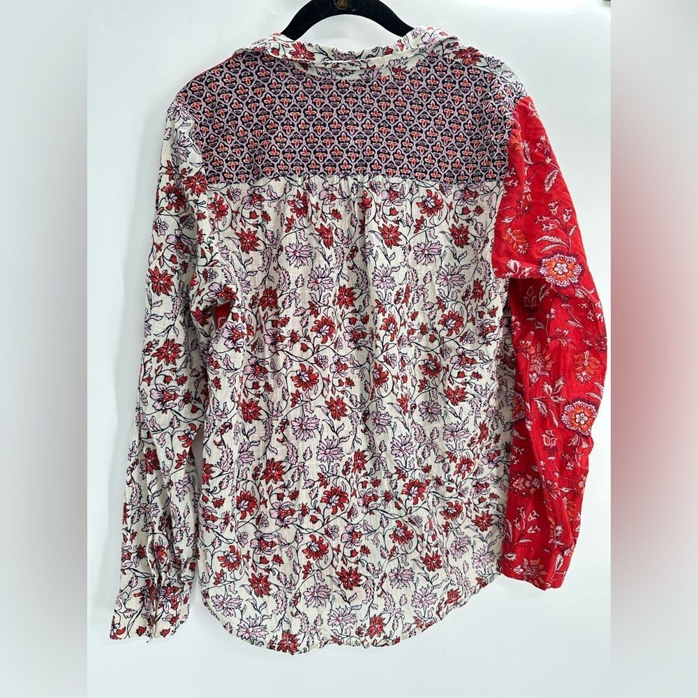 J.Jill Patchwork Floral Button Front Shirt Women’s Medium Red Cream Cotton Boho - Picture 6 of 8